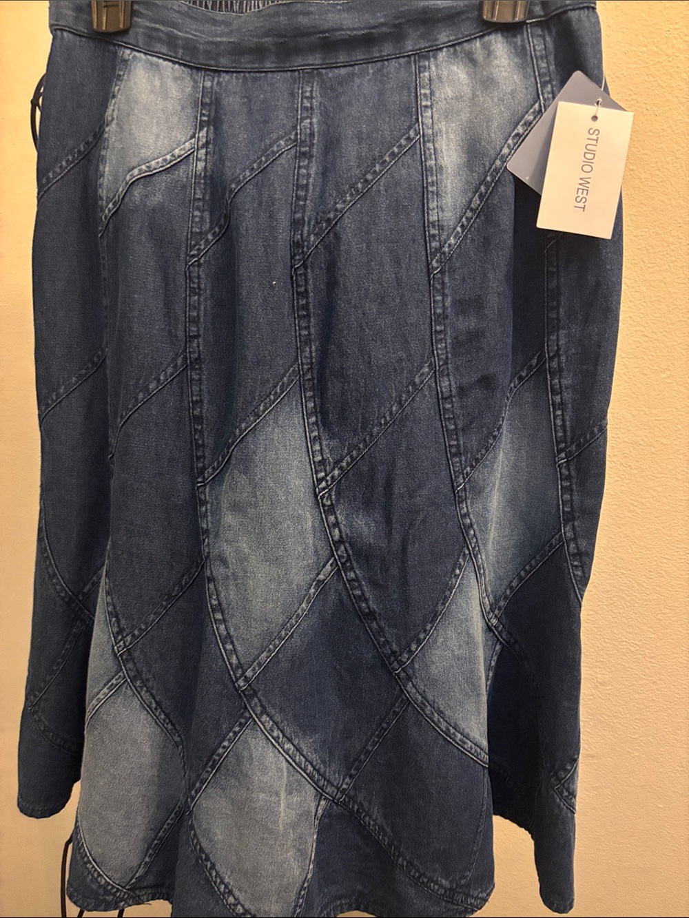 Studio West Blue Patchwork Flared Denim Skirt